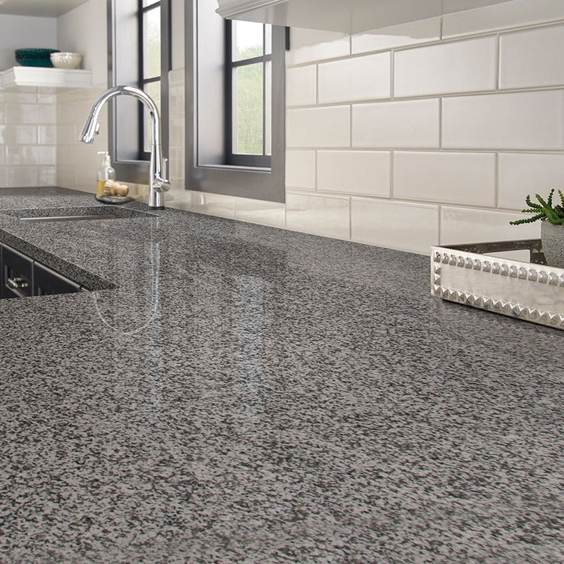 White Sparkle granite countertop installed in a kitchen