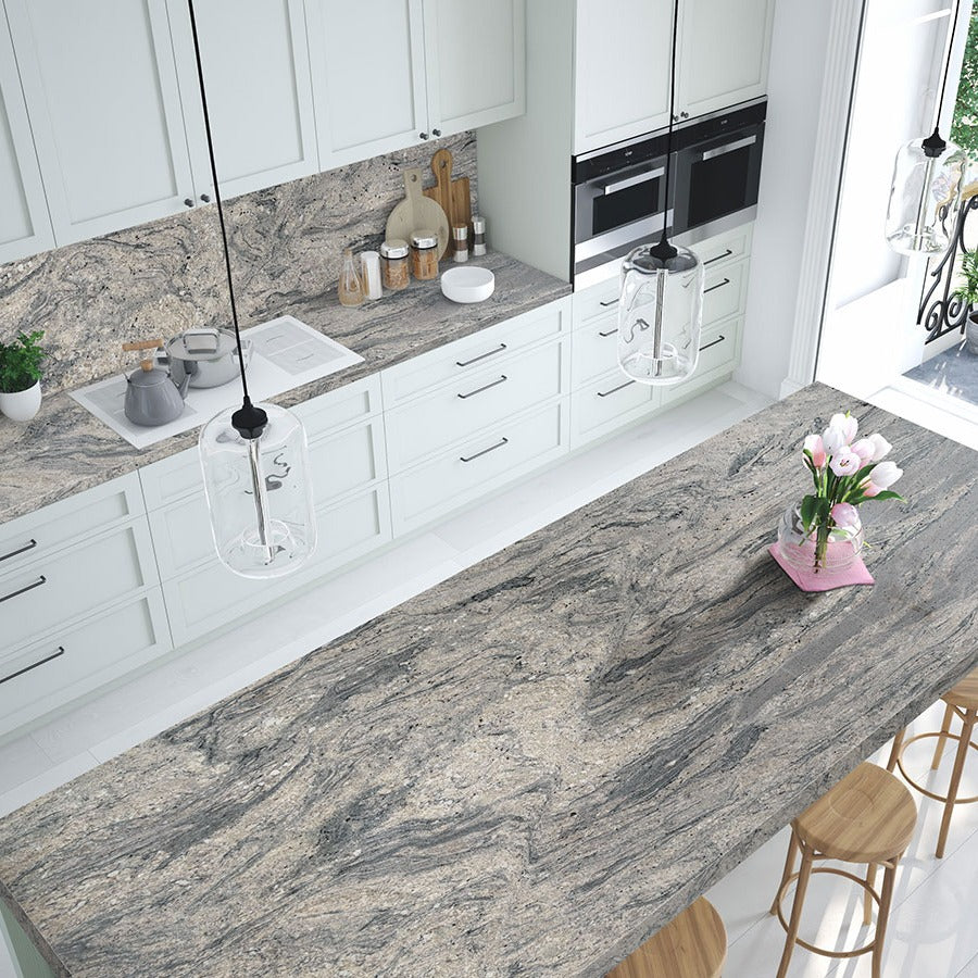 White Wave granite countertop installed in a kitchen