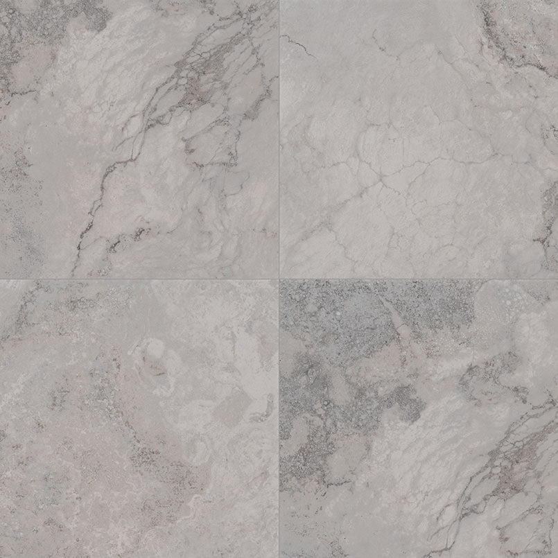 Napa Gray travertine look ceramic tile, matte finish, 12 by 12 inch view
