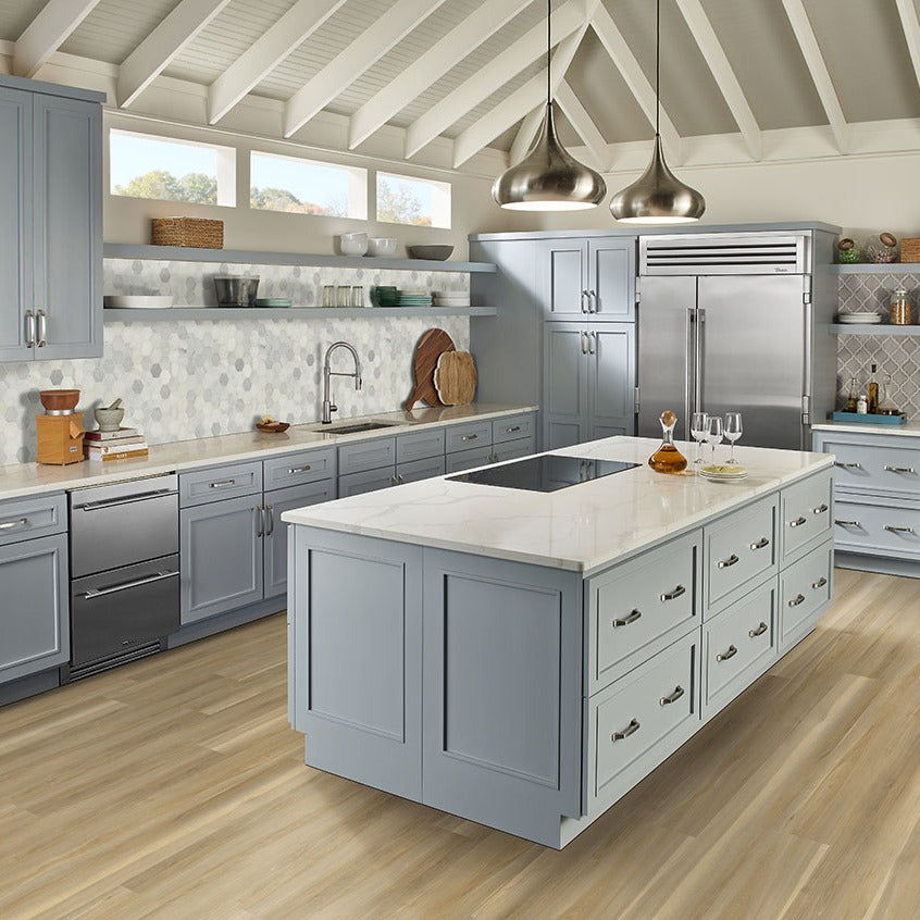 Nove Reserve Bayhill Blonde glue down luxury vinyl flooring installed in a kitchen