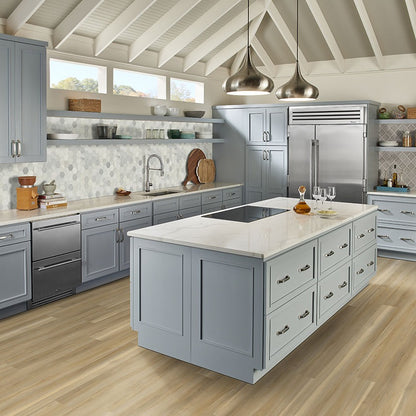 Nove Reserve Bayhill Blonde glue down luxury vinyl flooring installed in a kitchen