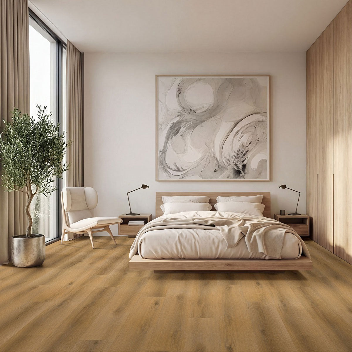 Nove Scandi glue down luxury vinyl flooring installed in a bedroom