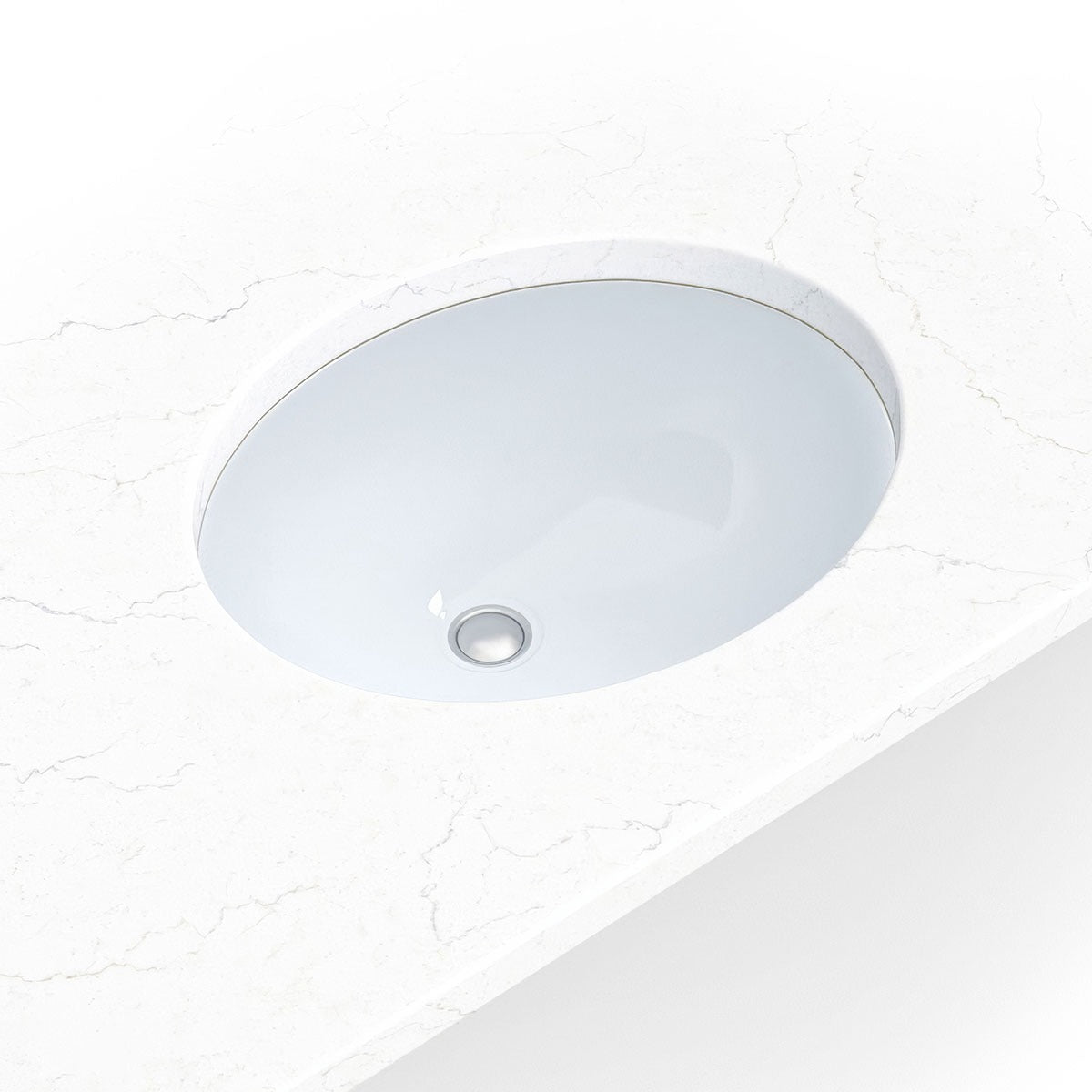 Oval 17" x 14" Porcelain Undermount Bathroom Sink in White, installed close up