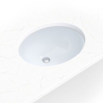 Oval 17" x 14" Porcelain Undermount Bathroom Sink in White, installed close up