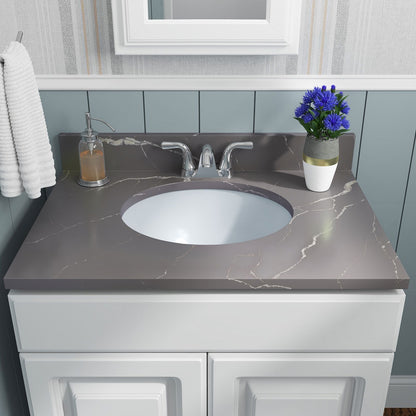 Oval 17" x 14" Porcelain Undermount Bathroom Sink in White, installed in a room setting
