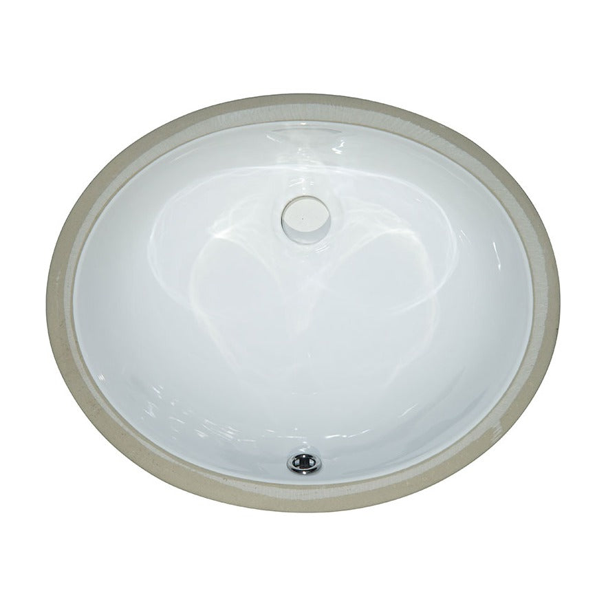 Oval 17" x 14" Porcelain Undermount Bathroom Sink, White, top view on white