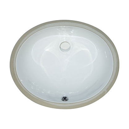 Oval 17" x 14" Porcelain Undermount Bathroom Sink, White, top view on white