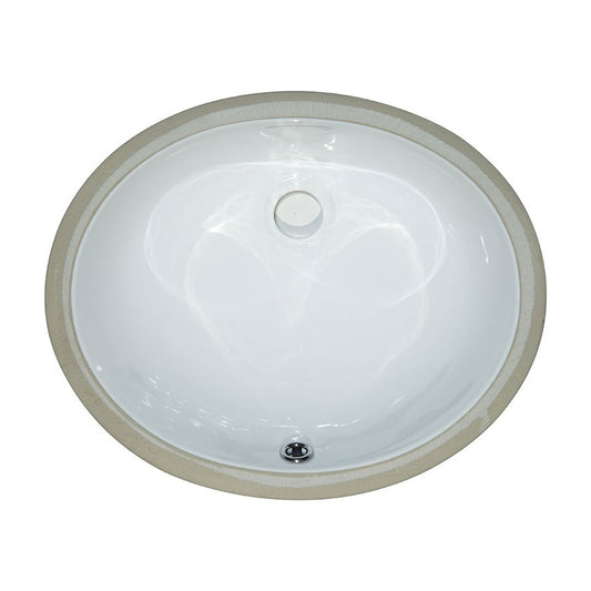 Oval 17" x 14" Porcelain Undermount Bathroom Sink, White, top view on white