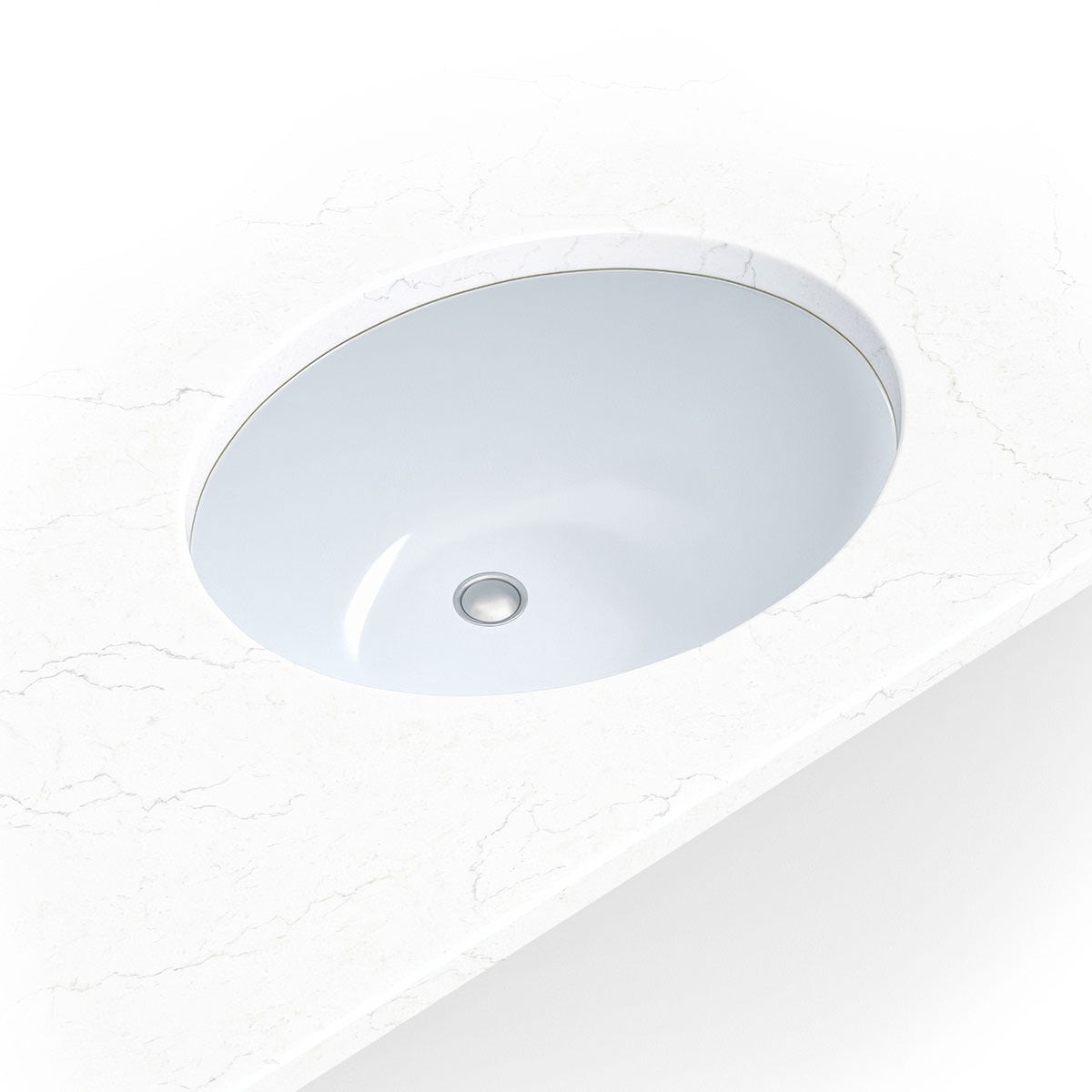 Oval 20" x 16" Porcelain Undermount Bathroom Sink in White, installed close up