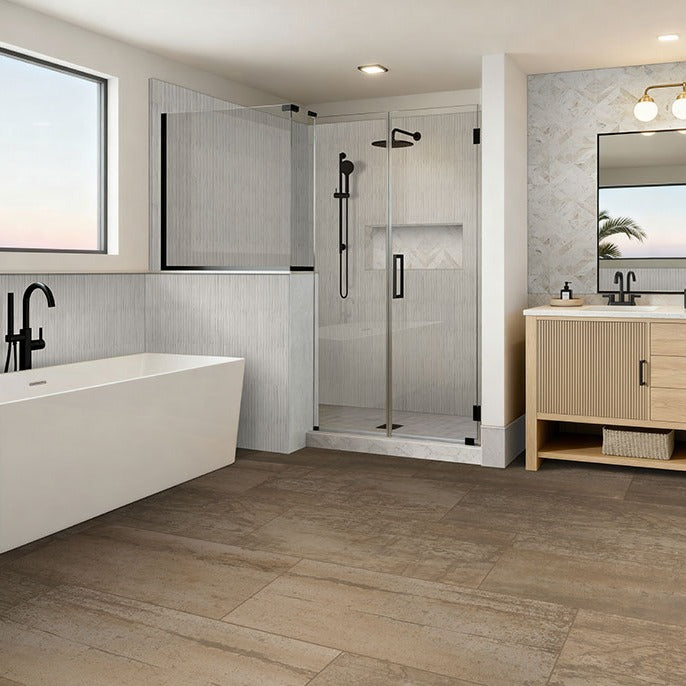 Oxide Copper porcelain tile installed in a bathroom setting