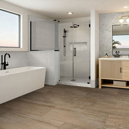 Oxide Copper porcelain tile installed in a bathroom setting