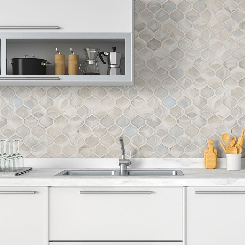 Pearla Arabesque Glass Mosaic installed in a finished room