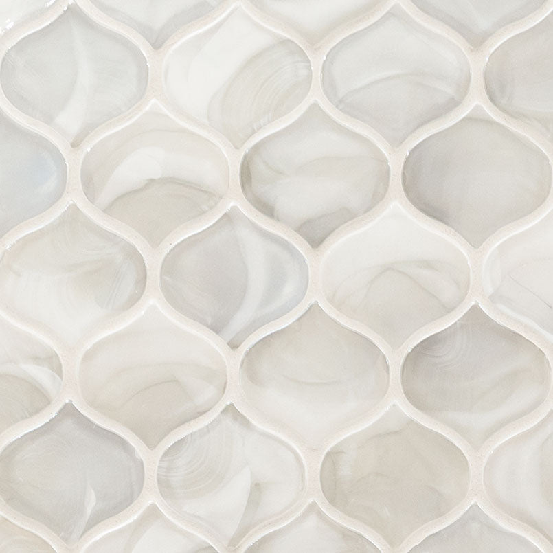 Pearla Arabesque Glass Mosaic in mixed finish, close up sheet view