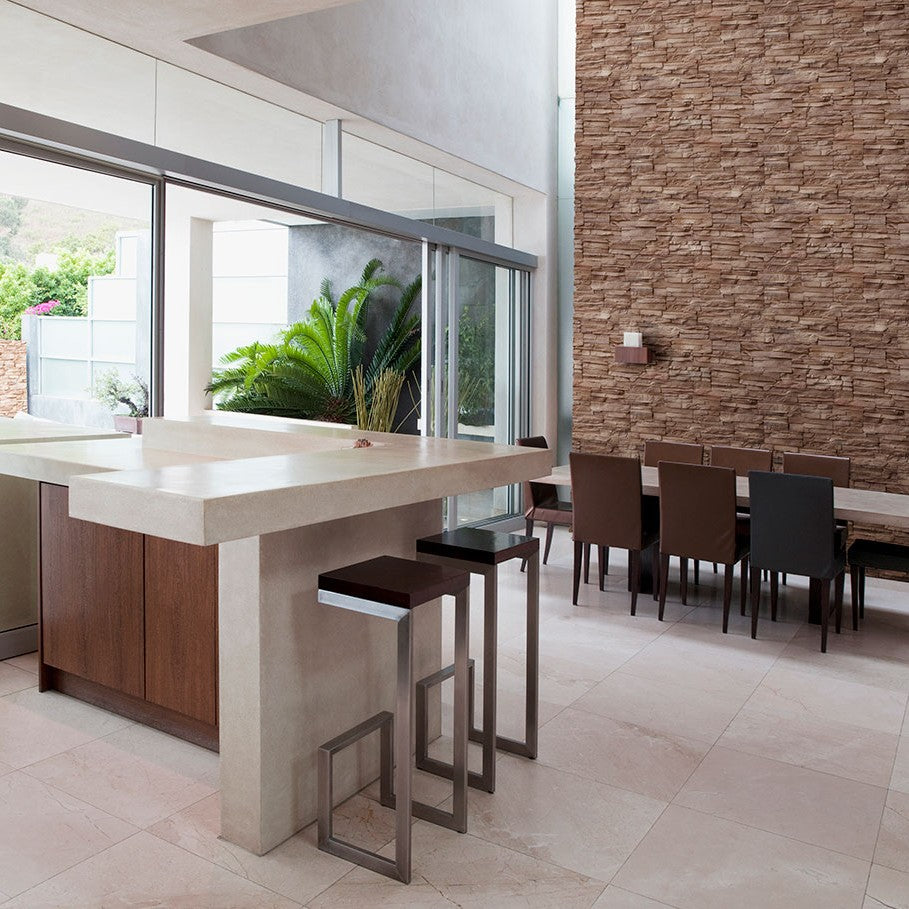 Peninsula Earth Terrado Manufactured Stone Decorative Wall Panels shown installed in a finished outdoor or living space
