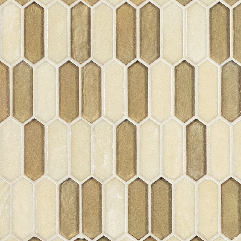 Pixie Gold Glass Mosaic in mixed finish, close up sheet view