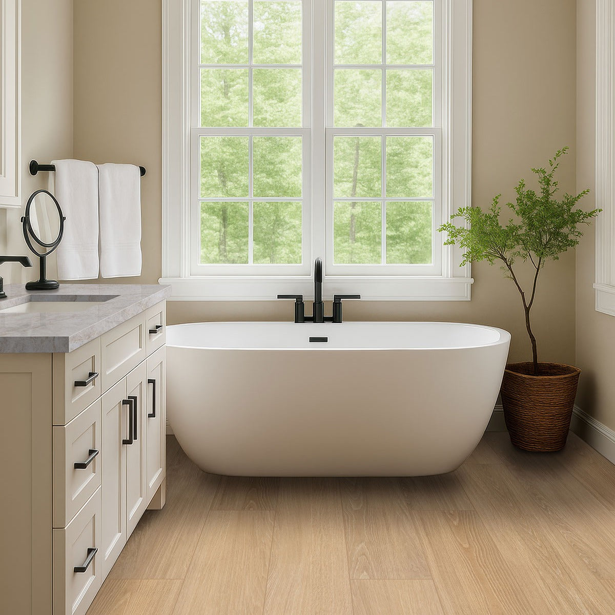 Placero Timber porcelain tile installed in a bathroom setting, scene 2