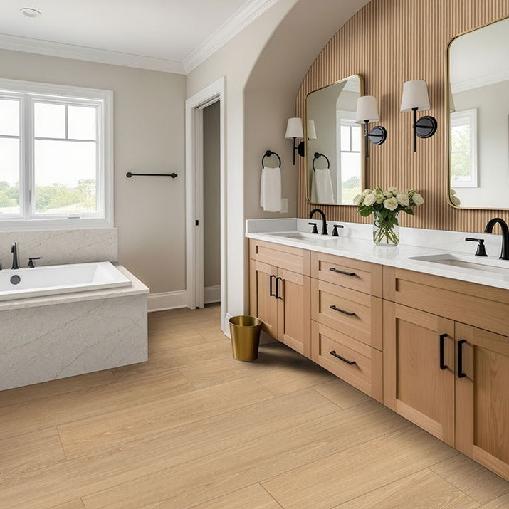 Placero Timber porcelain tile installed in a bathroom setting, scene 3