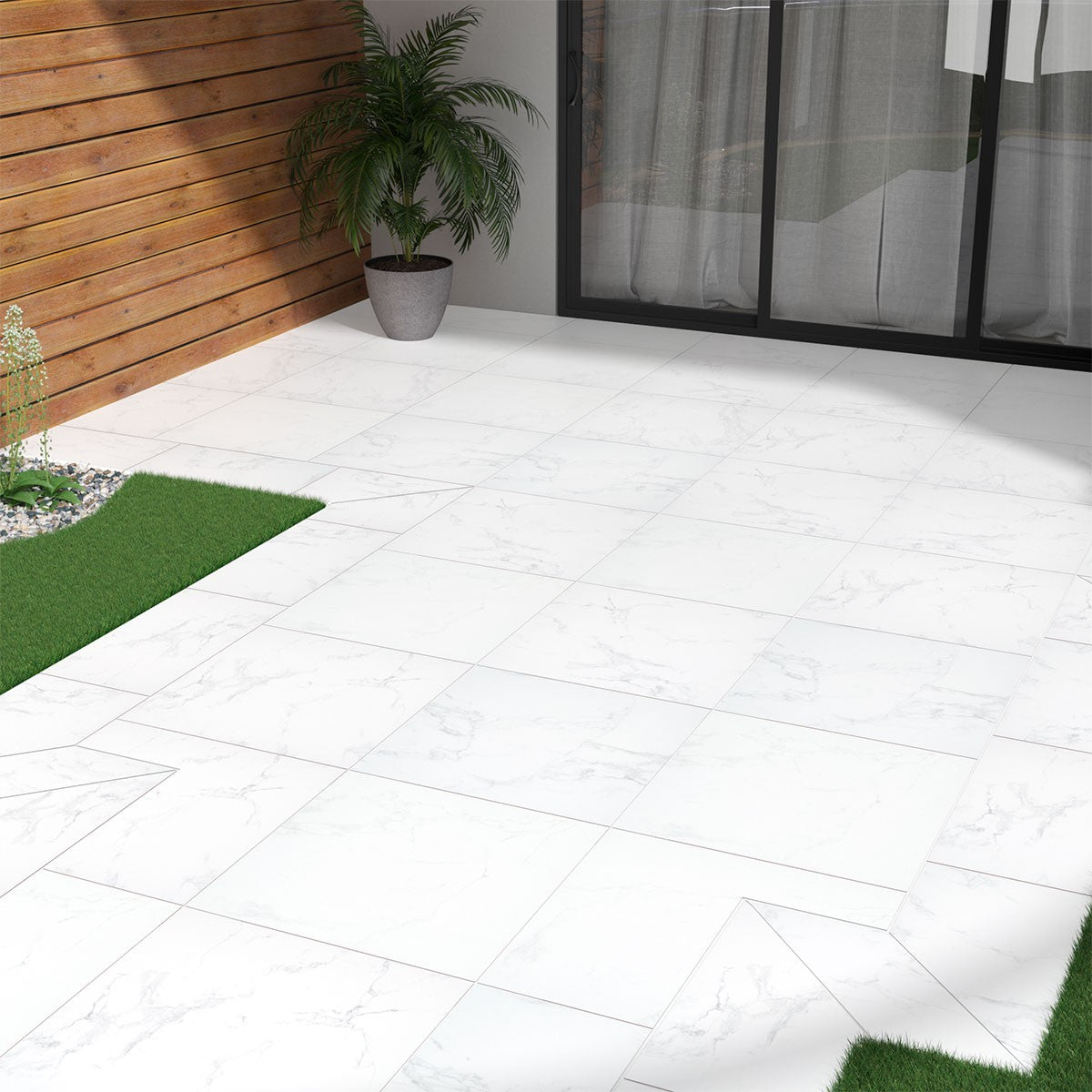 Praia Carrara Arterra Porcelain Pavers shown installed in a finished outdoor or living space