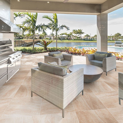 Praia Crema Arterra Porcelain Pavers shown installed in a finished outdoor or living space