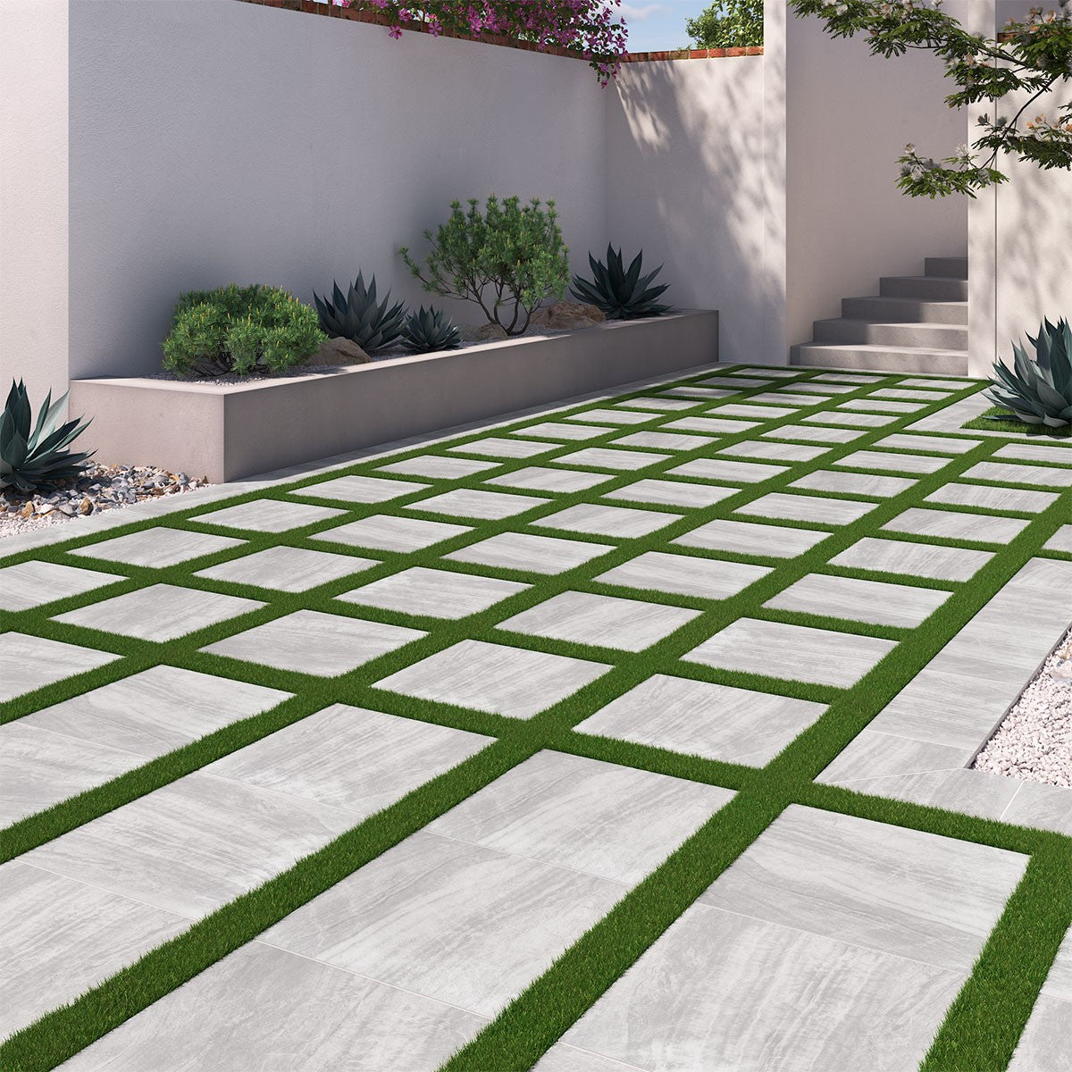 Praia Grey Arterra Porcelain Pavers shown installed in a finished outdoor or living space