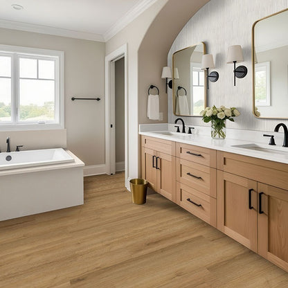 Prescott Amber Forrester SPC rigid core vinyl flooring installed in a bathroom