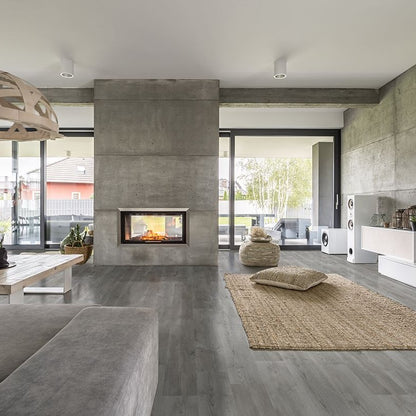 Prescott Katella Ash SPC rigid core vinyl flooring shown in a furnished room