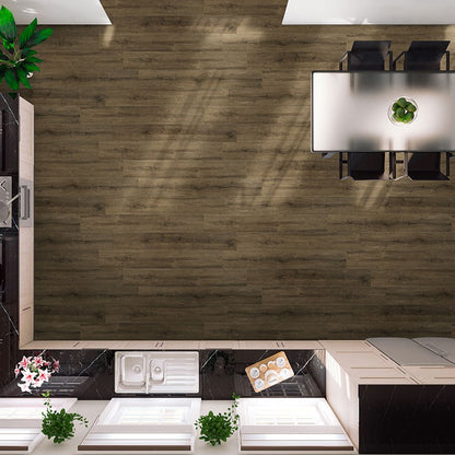 Prescott Walnut Waves SPC rigid core vinyl flooring shown in a furnished room