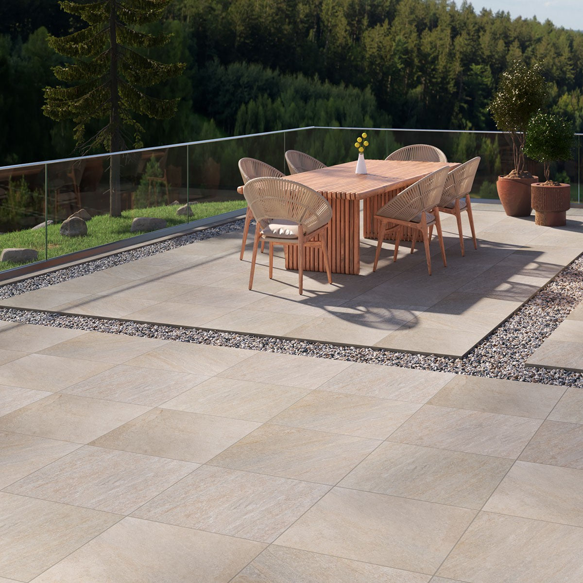Quartz Beige Arterra Porcelain Pavers shown installed in a finished outdoor or living space
