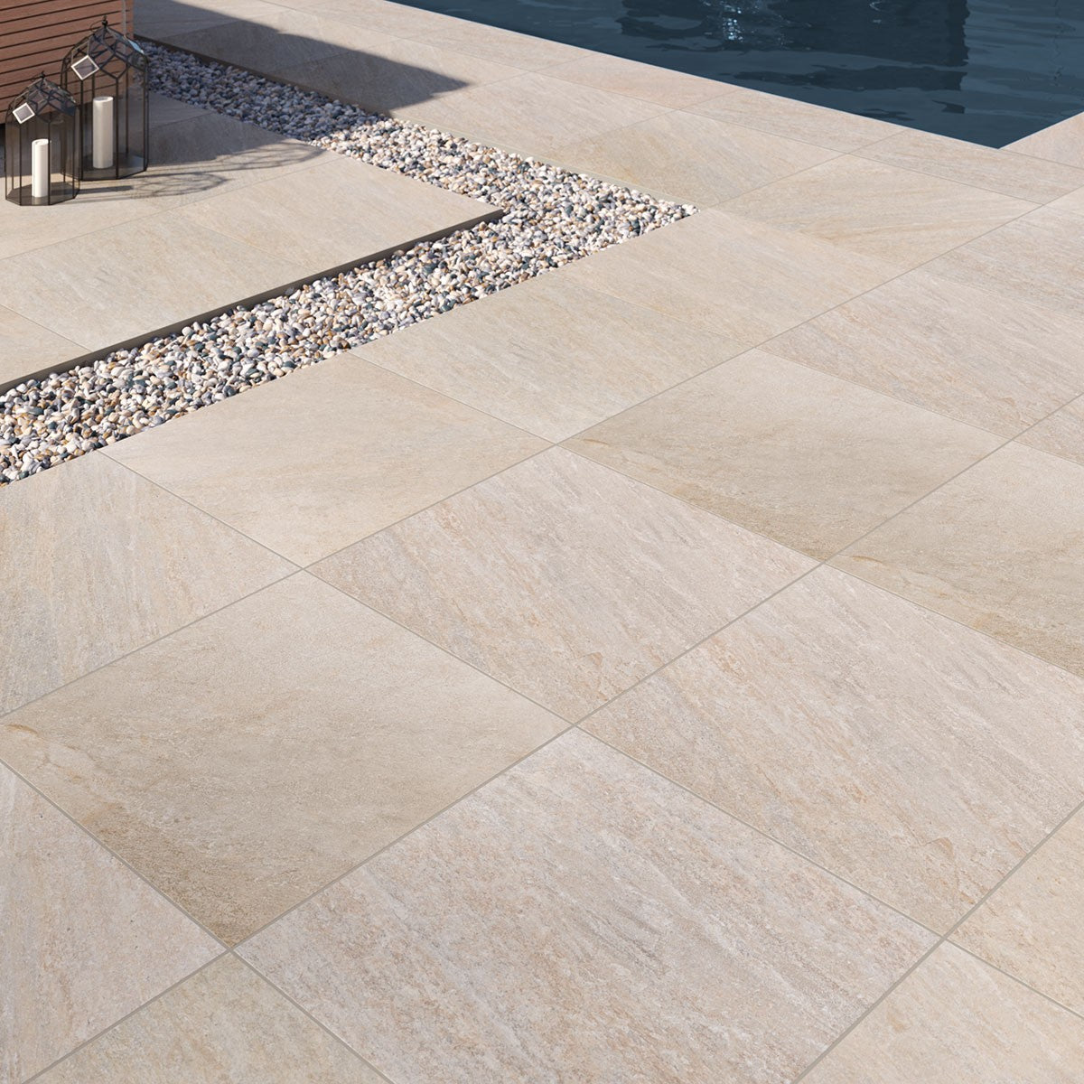 Quartz Beige Arterra Porcelain Pavers shown installed in a finished outdoor or living space