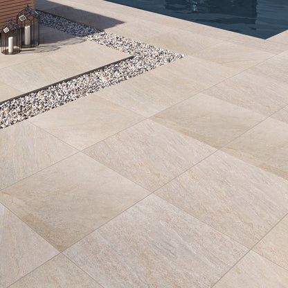 Quartz Beige Arterra Porcelain Pavers shown installed in a finished outdoor or living space