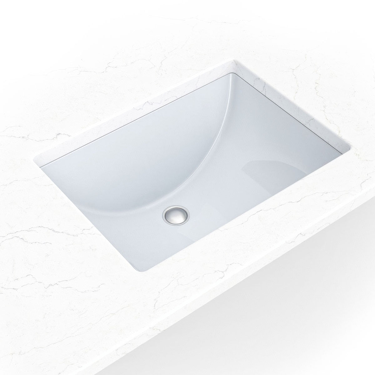 Rectangle 19" x 14" Porcelain Undermount Bathroom Sink in White, installed close up