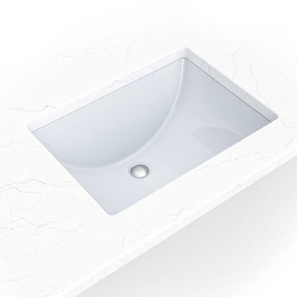 Rectangle 19" x 14" Porcelain Undermount Bathroom Sink in White, installed close up