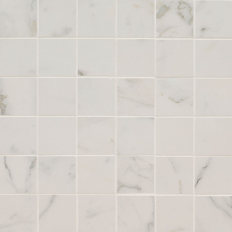 Regallo Calacatta Isla 2x2 Porcelain Mosaic in matte finish, close up sheet view