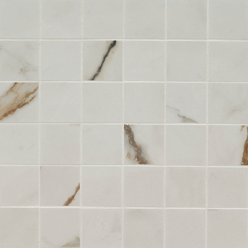 Regallo Calacatta Marbella 2x2 Porcelain Mosaic in matte finish, close up sheet view