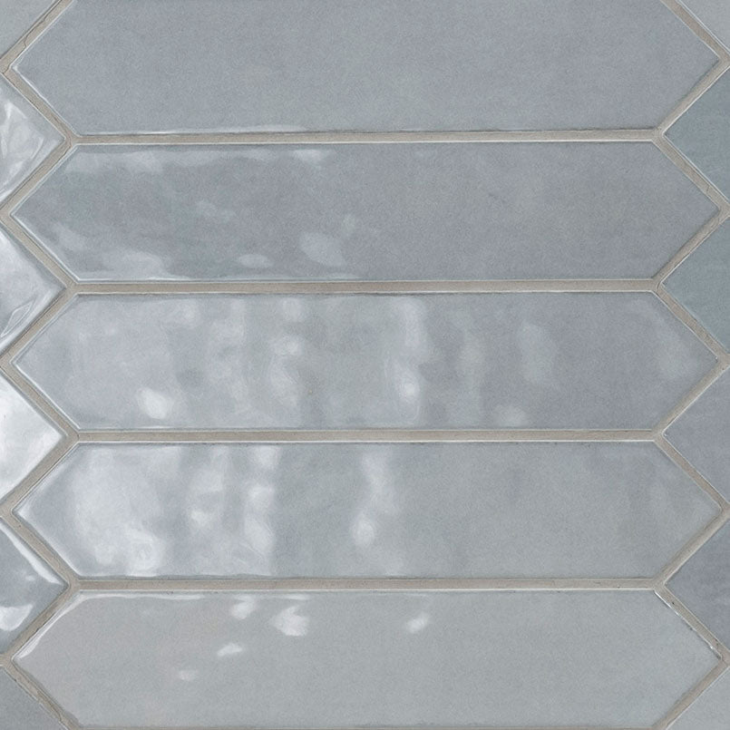 Renzo Sky ceramic tile, glossy finish, 2.5 by 13 inch picket view