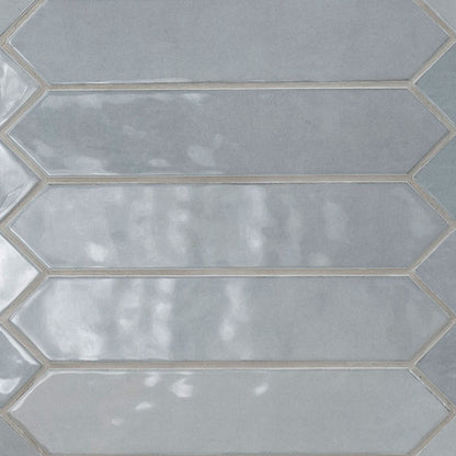 Renzo Sky ceramic tile, glossy finish, 2.5 by 13 inch picket view