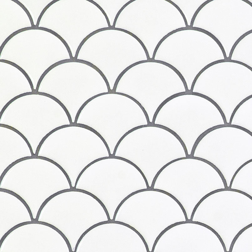 Retro White Scallop Porcelain Mosaic in glossy finish, close up sheet view