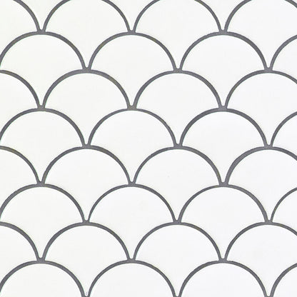 Retro White Scallop Porcelain Mosaic in glossy finish, close up sheet view