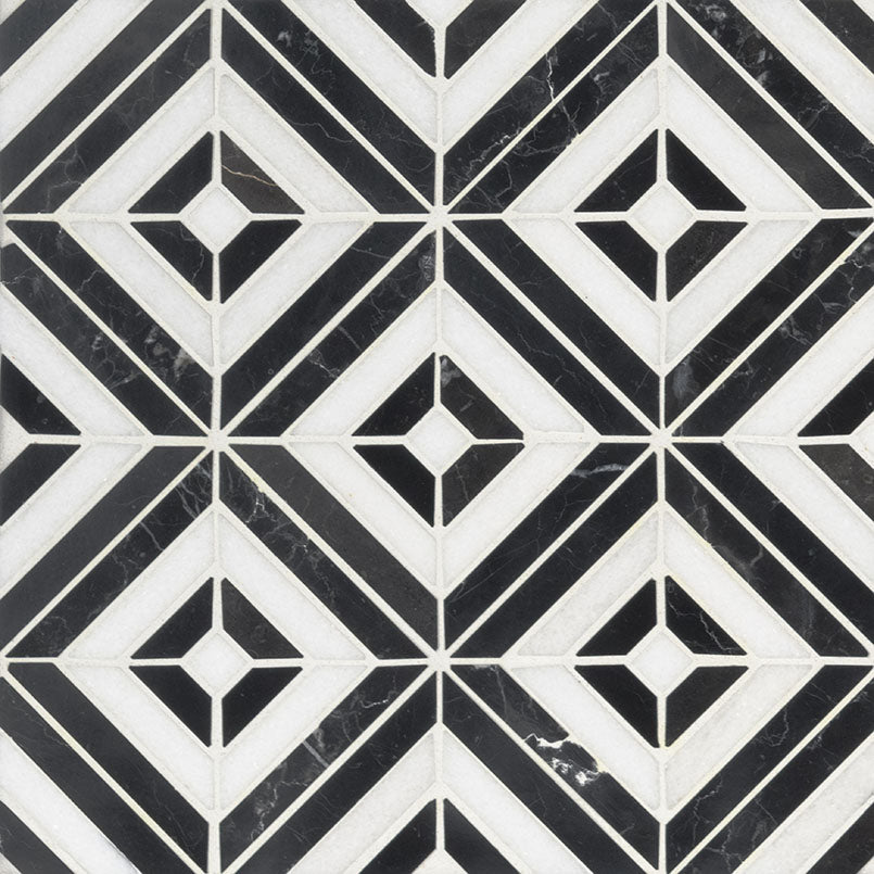 Rhombix Nero Marble Mosaic in polished finish, close up sheet view