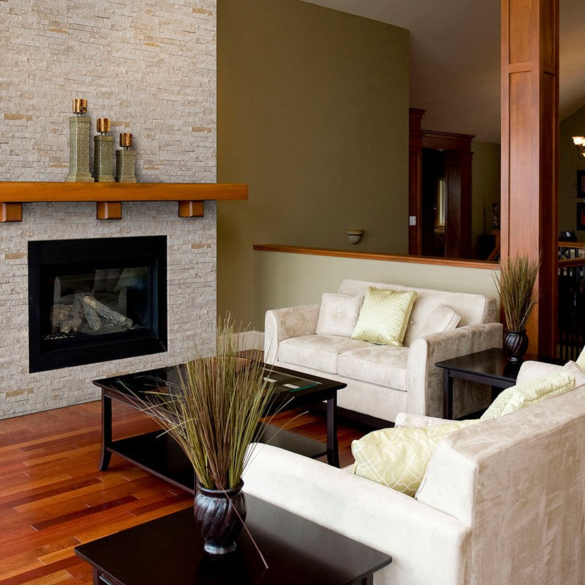 Royal White Rockmount Stacked Stone Decorative Wall Panels shown installed in a finished outdoor or living space