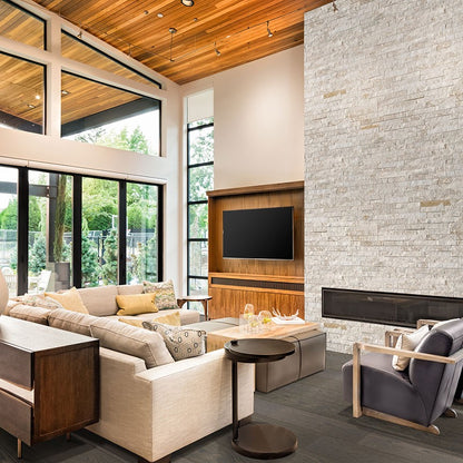 Royal White Rockmount Stacked Stone Decorative Wall Panels shown installed in a finished outdoor or living space