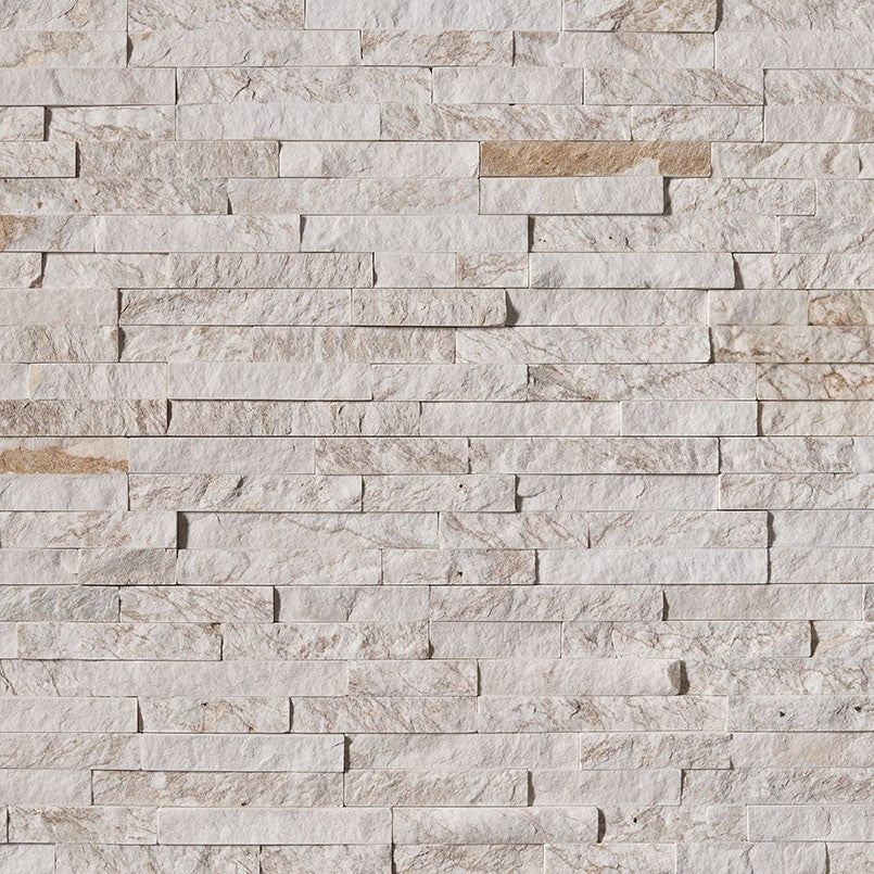 Royal White stacked stone wall panels, close up product view showing color and texture