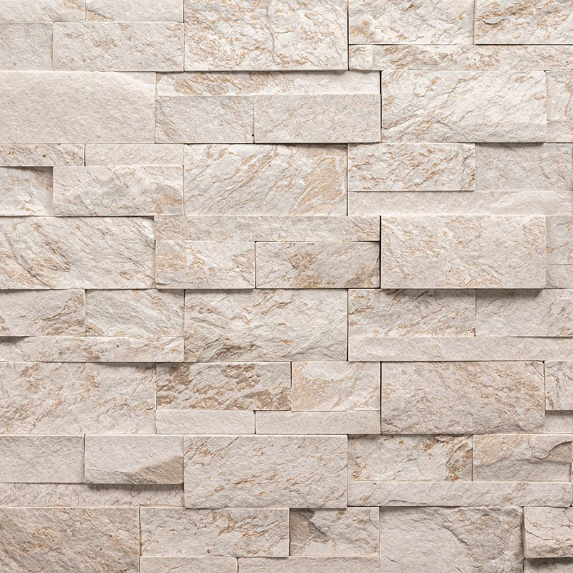 Royal White stacked stone wall panels, close up product view showing color and texture
