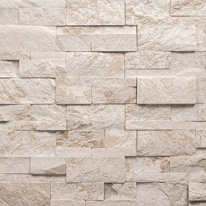Royal White stacked stone wall panels, close up product view showing color and texture