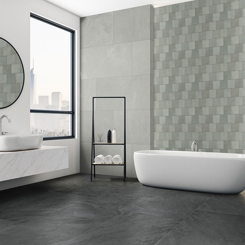 Sande Gray porcelain tile installed in a bathroom setting