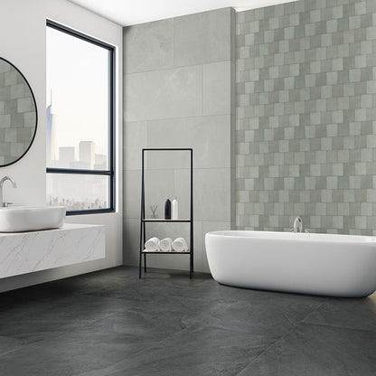 Sande Gray porcelain tile installed in a bathroom setting