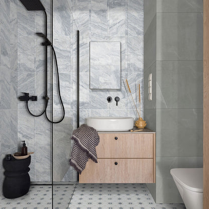 Sande Gray porcelain tile installed in a bathroom setting, scene 2