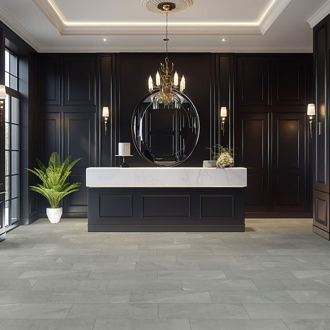 Sande Gray porcelain tile shown in a finished room, scene 4