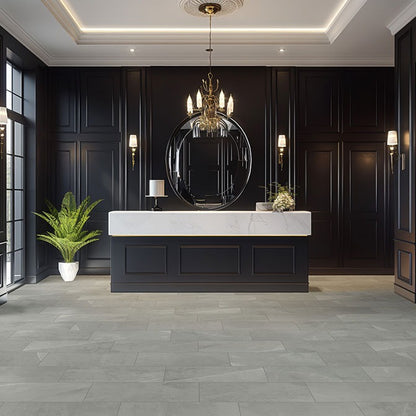 Sande Gray porcelain tile shown in a finished room, scene 4