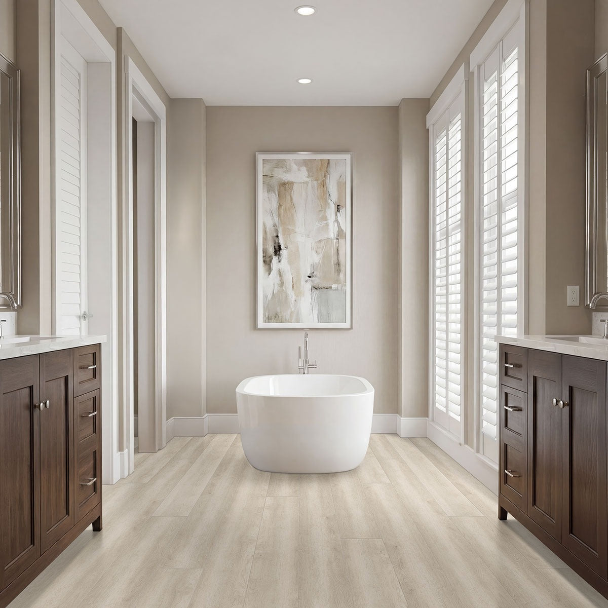 Shorecliffs Sunny Shake hybrid rigid core flooring installed in a bathroom